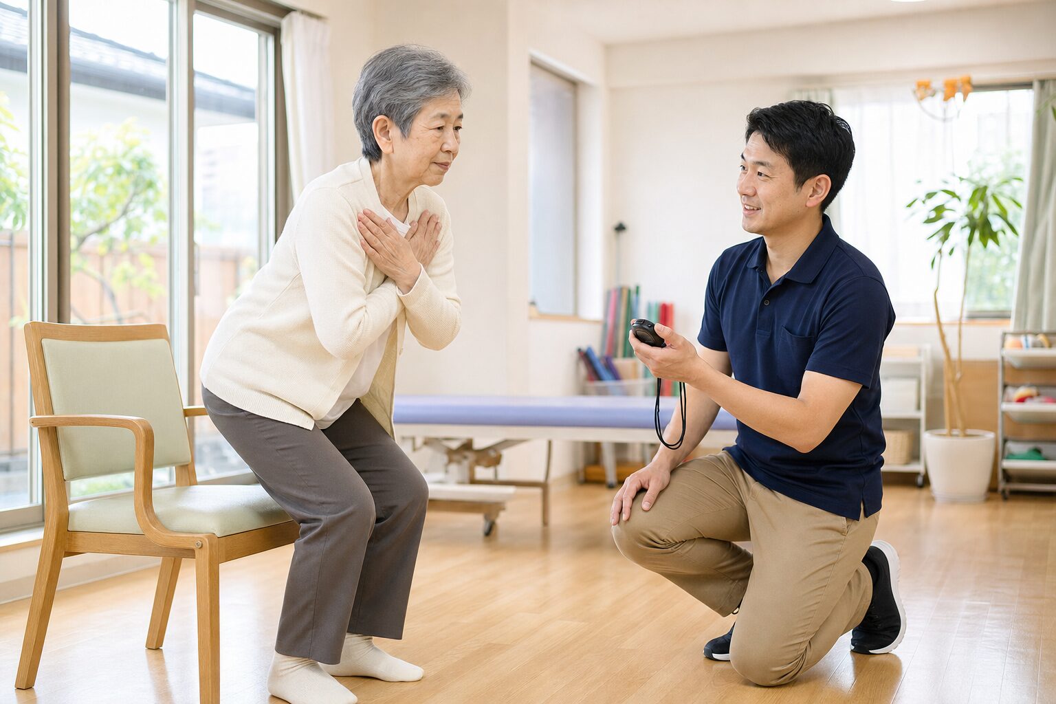 理学療法士がストップウォッチで立ち上がり回数を測定する様子