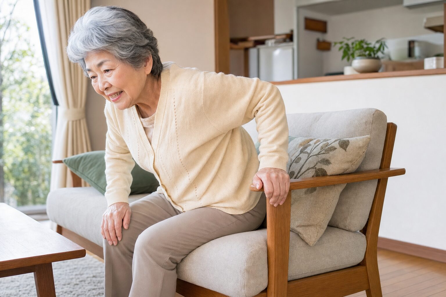 ソファから立ち上がろうと前かがみで力を入れる高齢女性