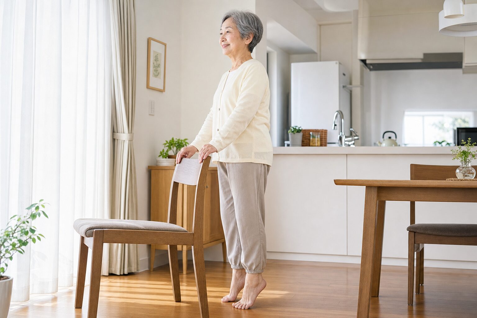 椅子の背に手を添えてかかと上げ運動をする高齢女性