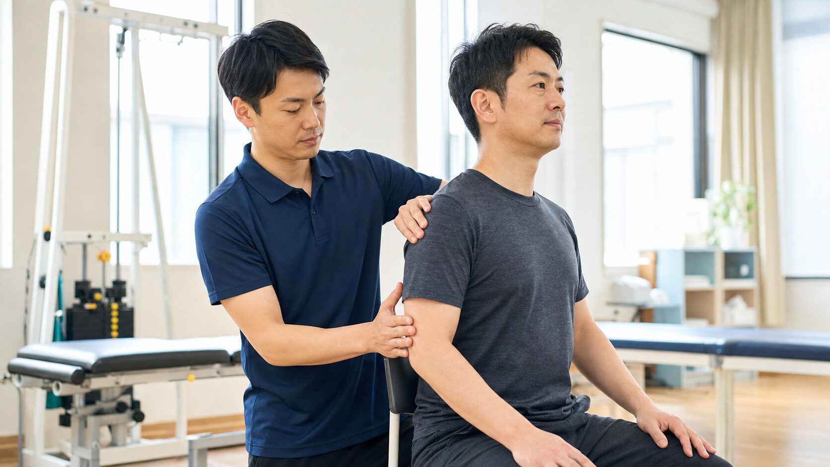 理学療法士が患者の肩甲骨や背骨の動きを確認している様子